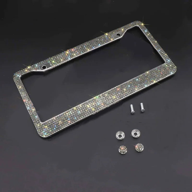2PCS Bling License Plate Frame Glitter Crystal Sparkling Rhinestone Diamond Caps Rieworkes