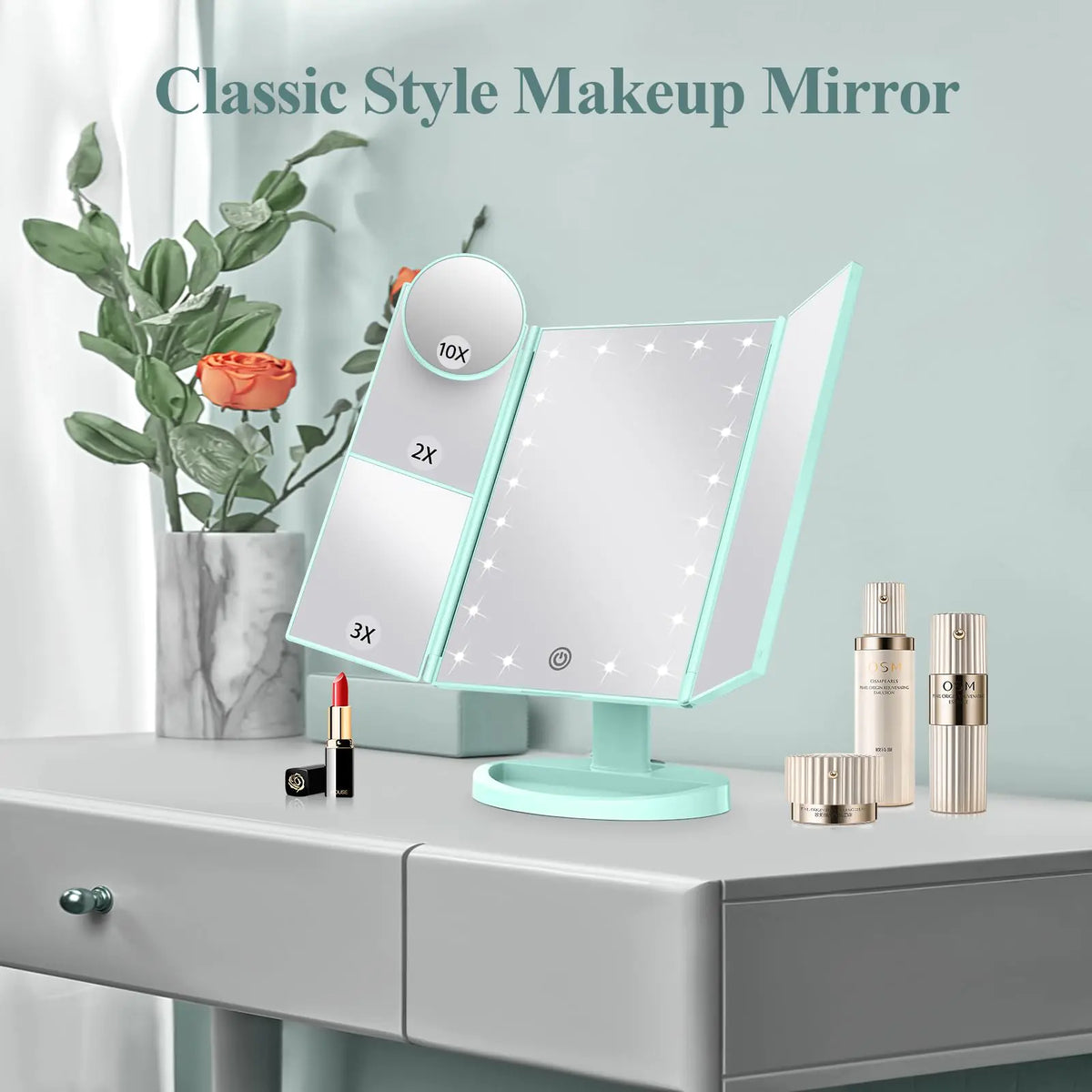 HUONUL Makeup Mirror Vanity with Lights, 2X 3X 10X Magnification, Lighted Mirror, Touch Control, Trifold Dual Power Supply, Portable LED Women Gift (Green) Green Rieworkes