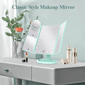 HUONUL Makeup Mirror Vanity with Lights, 2X 3X 10X Magnification, Lighted Mirror, Touch Control, Trifold Dual Power Supply, Portable LED Women Gift (Green) Green Rieworkes