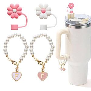 LUHOHI 4pcs Charms for Stanley Cup，Pearl Chain Accessories Stanley Cup Initial Letter Charms for Handle with 2pcs straw covers Stuff Decor Water Bottle Jewelry Tumbler Personalized Decorations ID Q Rieworkes