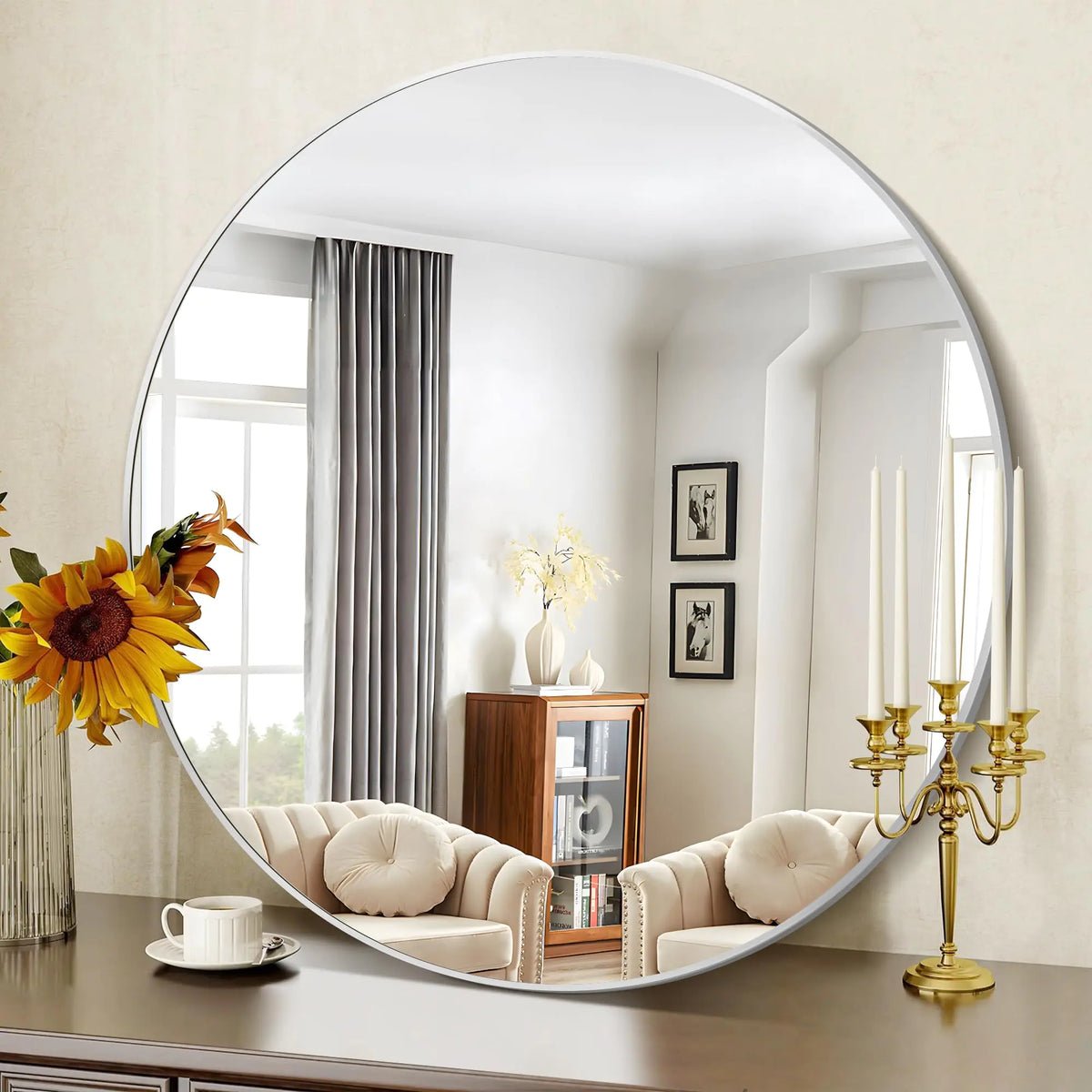Silver Round Mirror 42 Inch Wall Mounted Round Mirror Aluminum Alloy Metal Frame Wall Mirror Round Bathroom Mirror Round Mirror for Bathroom Entryway Living Room Large Mirror for Over Sink Mimarta