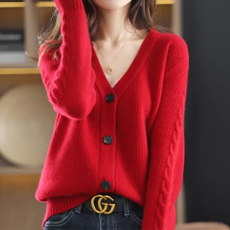Korean Commute Solid Color V-Neck Cardigan Sweaters for Women Rieworkes