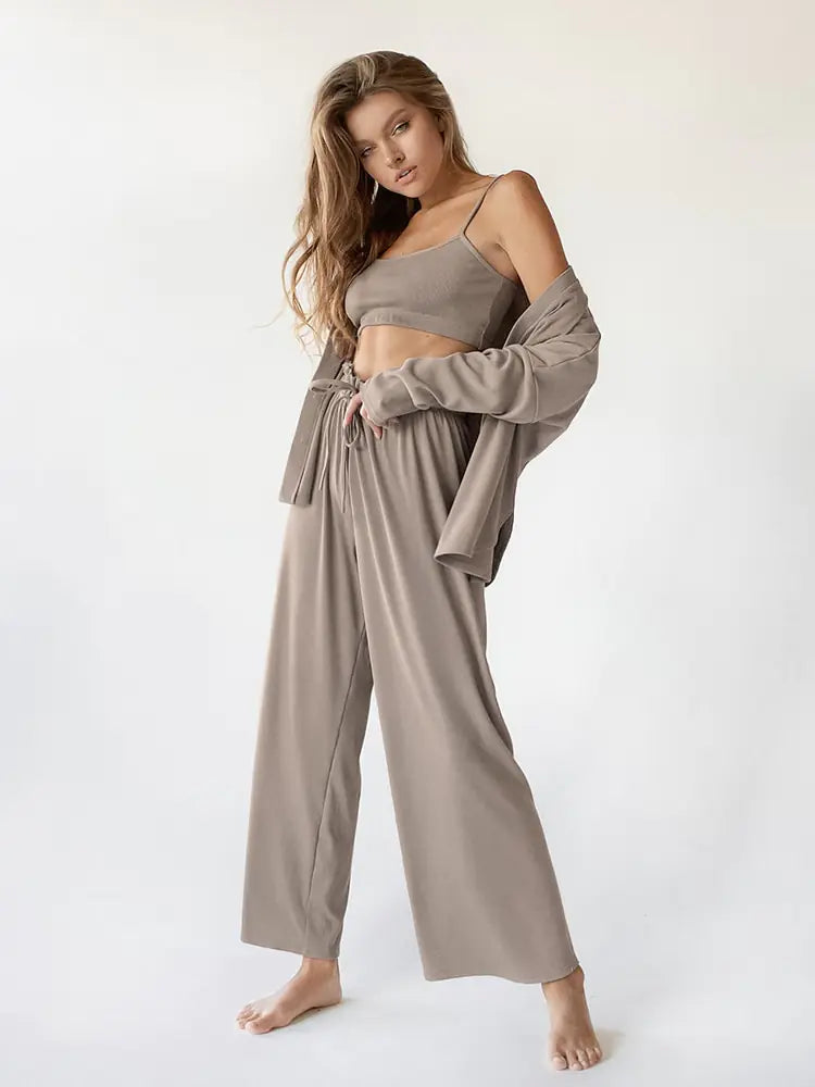 Ribbed Drop Sleeves Sleepwear Women Set Rieworkes