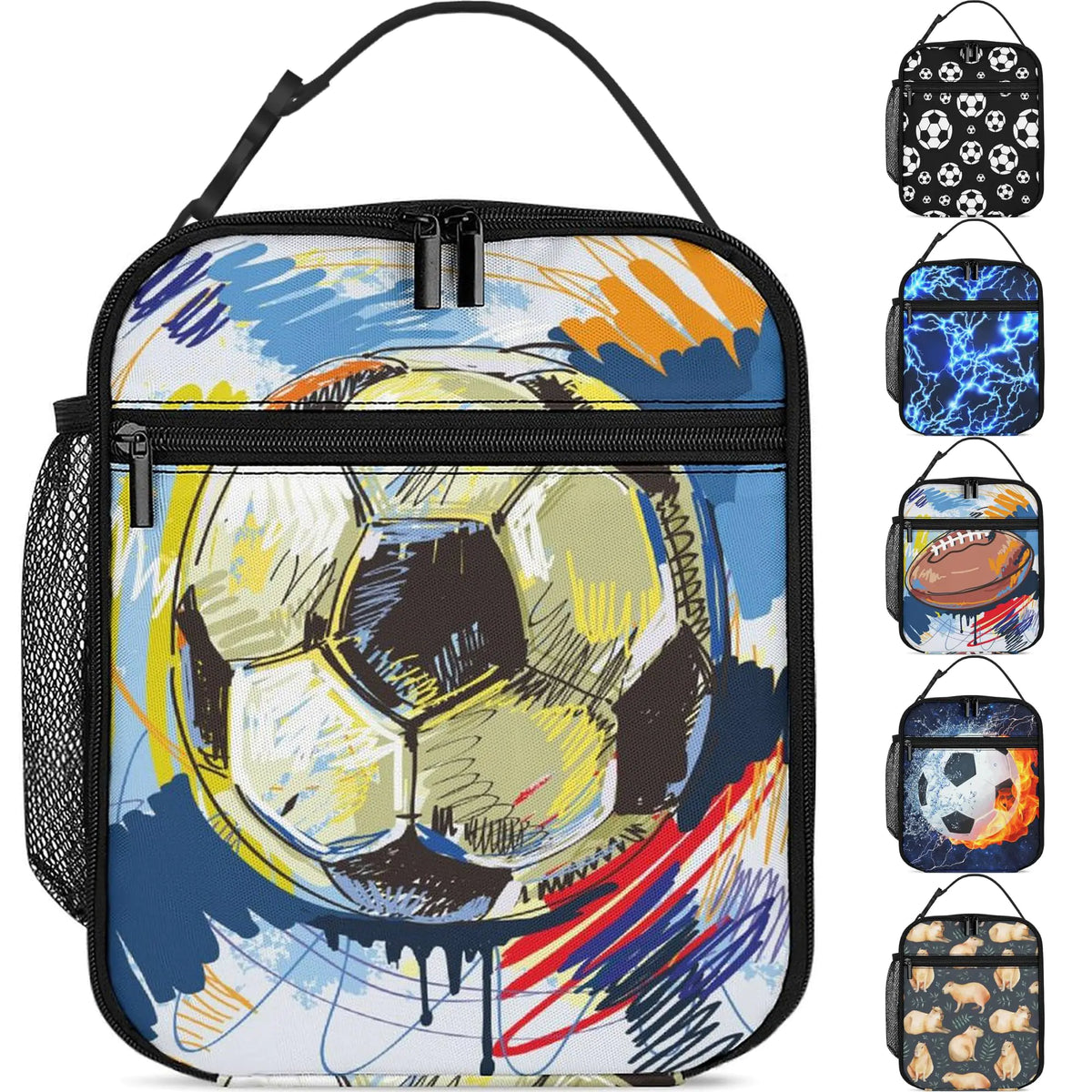 Watercolor Soccer Lunch Box Boys Girls Insulated Lunch Bag Reusable Lunchbox with Side Pocket Lunch Box for Girls Boys Teen Waterproof Lunch Tote Bag for Women Men Kids Work Office School Picnic Mimarta