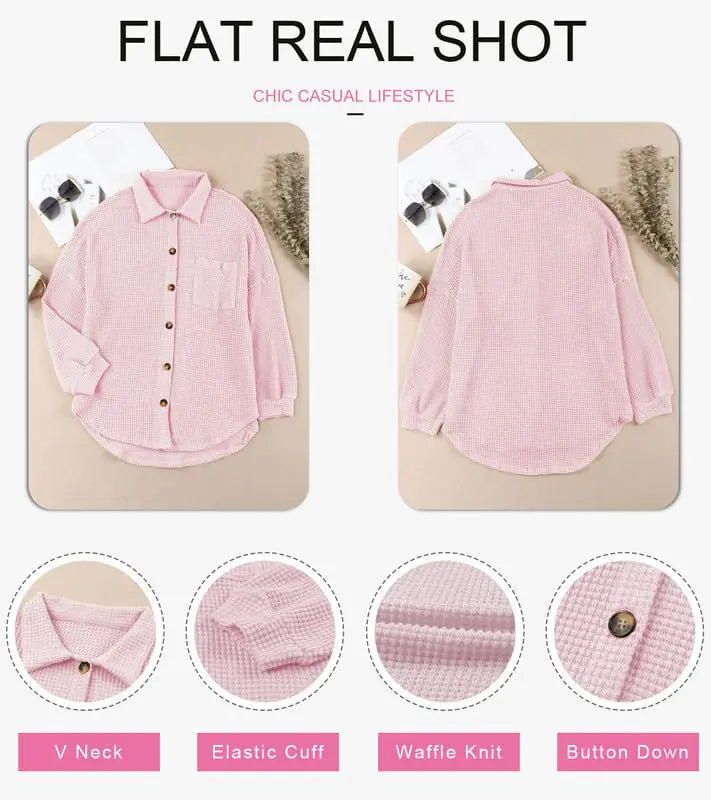 Dokotoo Womens Waffle Knit Shacket Jacket Casual Long Sleeve Button Down Shirts Dressy Blouses Tops Large Pink 1 Rieworkes