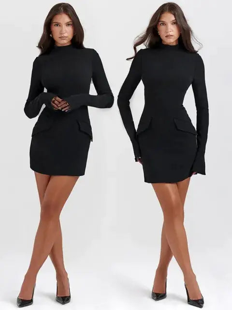 Elegant High Waist Dark Blue Mini Dress Rieworkes