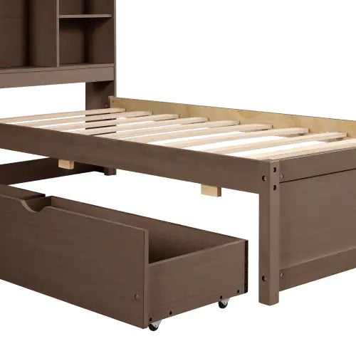 Modern Twin Size Bed Frame With Built-in USB Port On Bookcase Headboard And 2 Drawers For Walnut Color Rieworkes