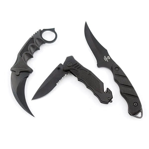 Snake Eye Tactical Triple Set Fixed Blade Mini Huntsman Folding Knife Outdoors Hunting Camping Fishing Self Defense (Black) Mimarta