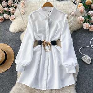 Metal Buckle White Dress Shirt Mimarta