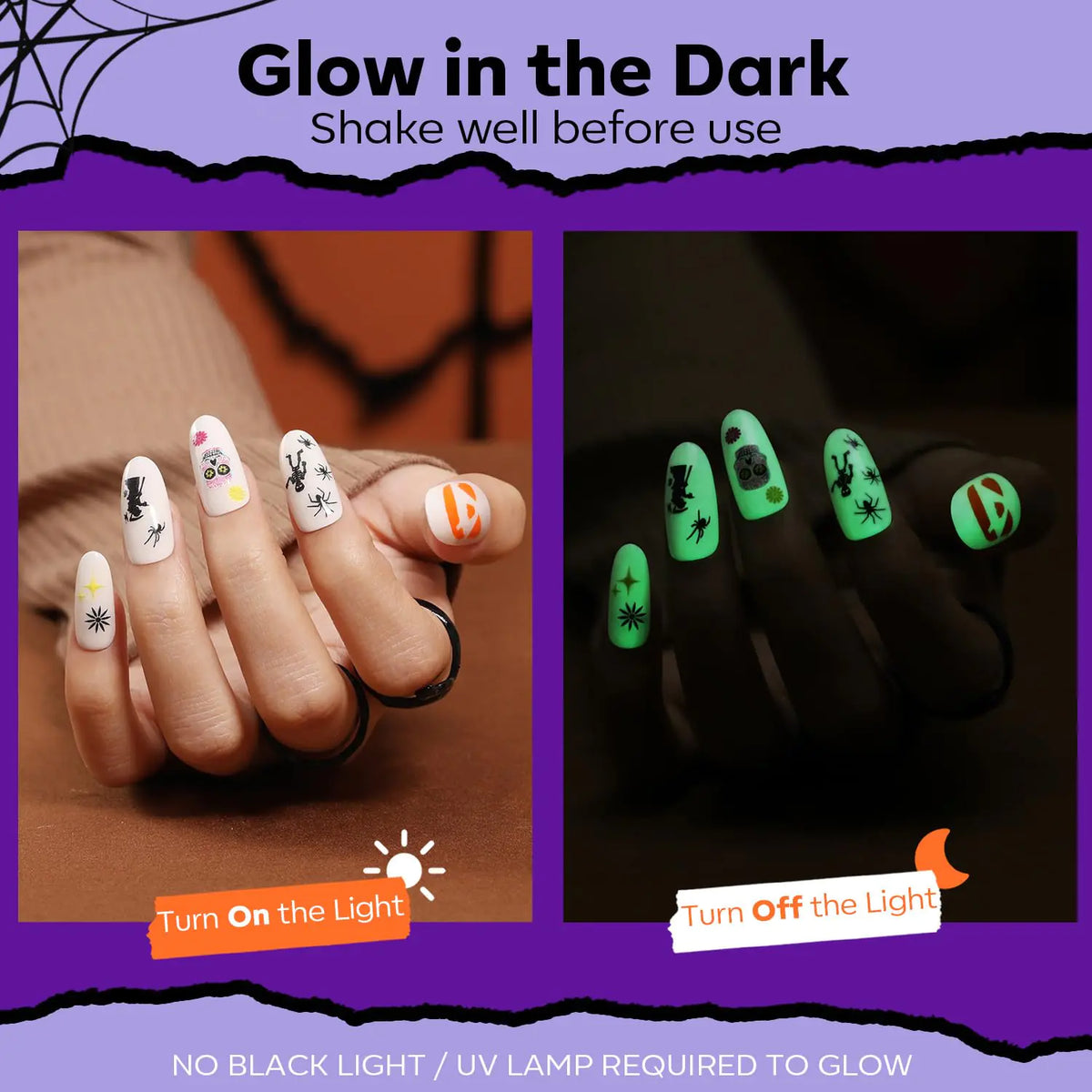 modelones Halloween Nail Polish Set 6 Colors, Boo-tiful Nightmare Collection with Stickers, Glow in the Dark White Crackle Black Purple Orange Hot Pink Quick Dry Nail Art Kit, Fall Gift for Women A1 Boo-tiful Nightmare Rieworkes
