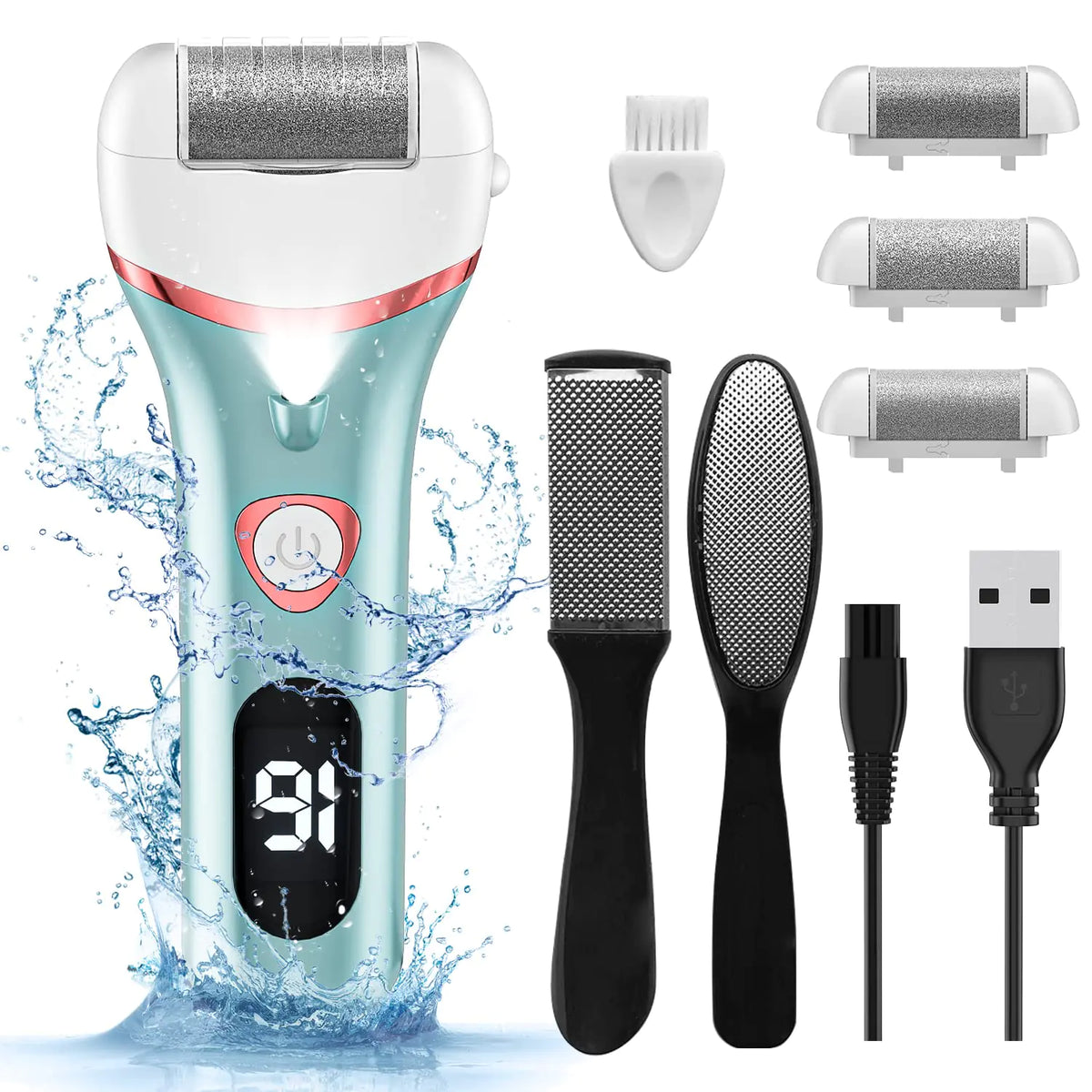 Electric Foot Callus Remover, Rechargeable Portable Electronic Foot File Pedicure Kits, Waterproof Foot Scrubber File, Professional Pedicure Tools, Foot Care for Dead Skin Ideal Gift, 3 Rollers Blue Rieworkes