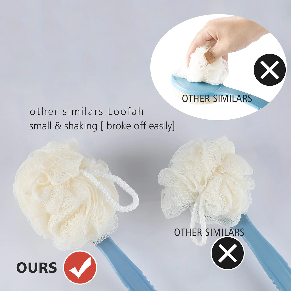 Shower Body Brush with Bristles and Loofah,Back Scrubber Bath Mesh Sponge with Curved Long Handle for Skin Exfoliating Bath, Massage Bristles Suitable for Wet or Dry, Men and Women (Blue) Rieworkes