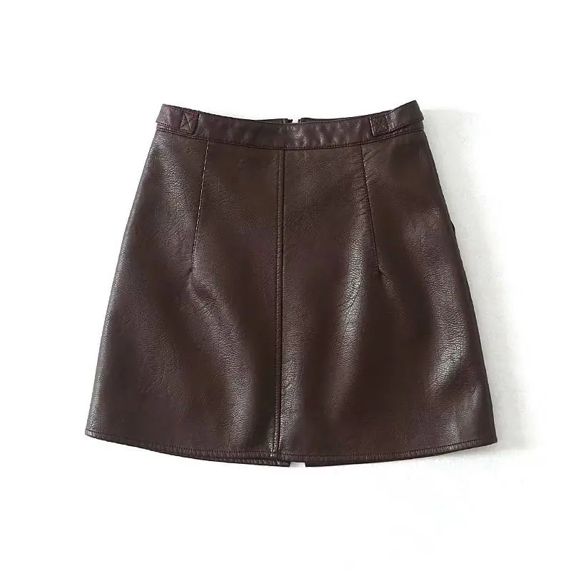 High Waist Slim Zipper A-Line PU Leather Mini Skirt Rieworkes