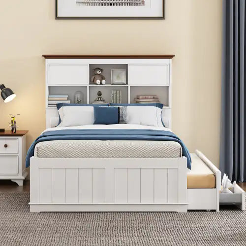 Solid Pine Captain Bookcase Bed With Trundle Bed And 3 Spacious Under Bed Drawers In Casual,Full, White Walnut Rieworkes