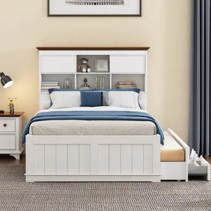 Solid Pine Captain Bookcase Bed With Trundle Bed And 3 Spacious Under Bed Drawers In Casual,Full, White Walnut Rieworkes