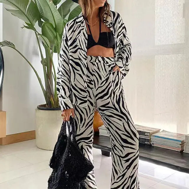 Loose Stripe Pants Set Elegant Long Sleeve Top Rieworkes