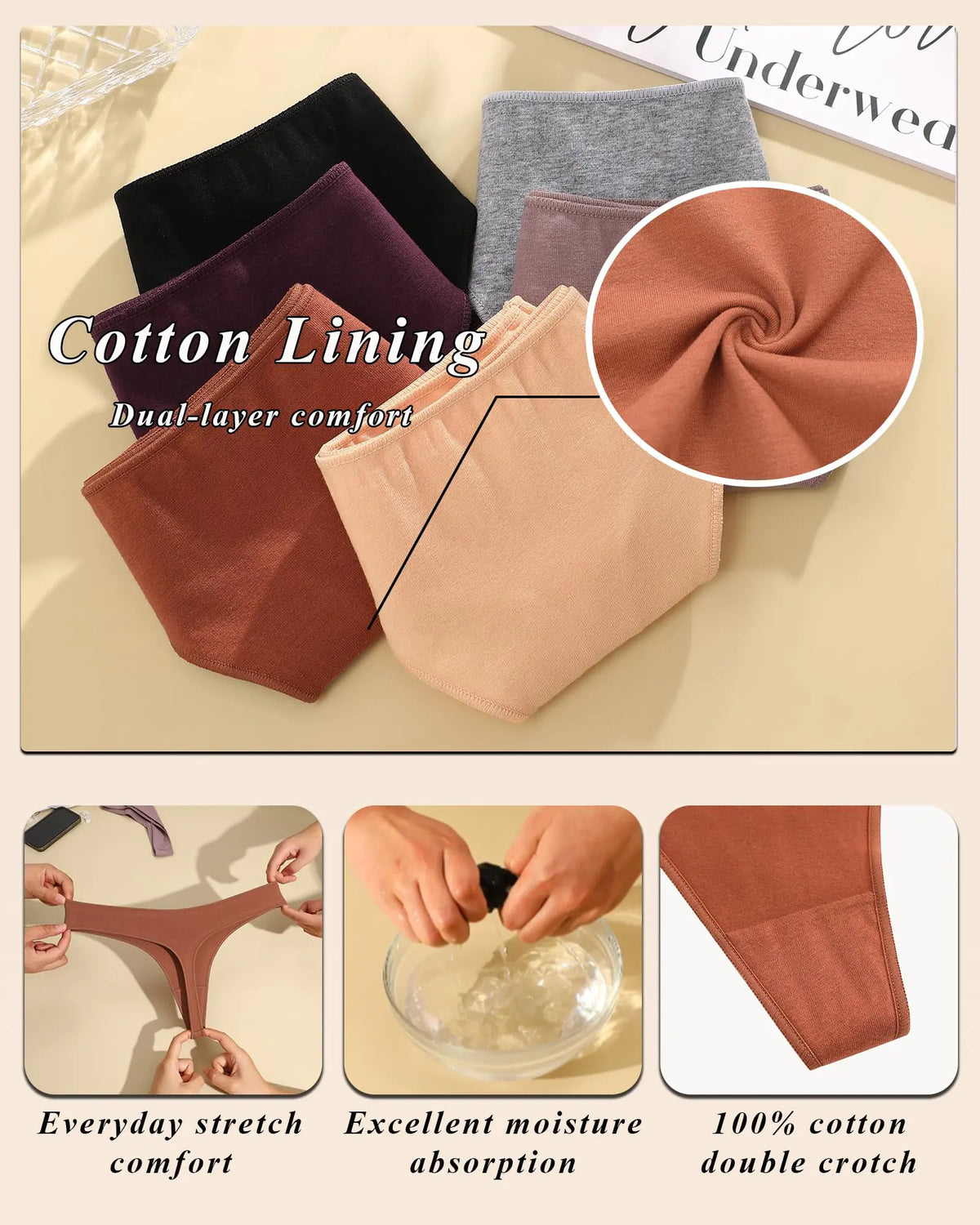 Cotton Underwear for Women Pack Breathable Thongs for Women Sexy Stretch Soft Womens Panties Thong XS-XL Black/Purple/Caramel/Khaki/Apricot/Gray Large Rieworkes