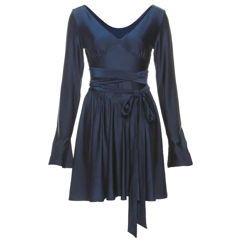 Fashionable V-Neck Backless Dress with Waist Tie Mimarta