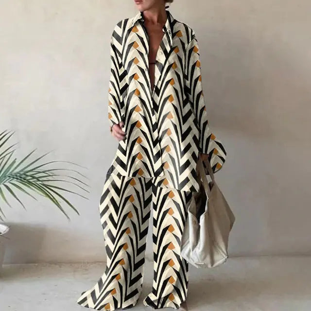 Loose Stripe Pants Set Elegant Long Sleeve Top Rieworkes