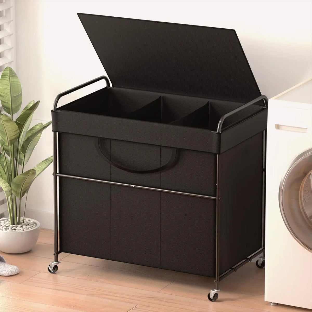 YKDIRECT 180L Large Laundry Hamper 3 Compartment Laundry Basket with Lid Removable Bag & Metal Structure with Industrial Wheels Suitable for Bathroom Dorm Room Laundry Room (Black 180L) Mimarta