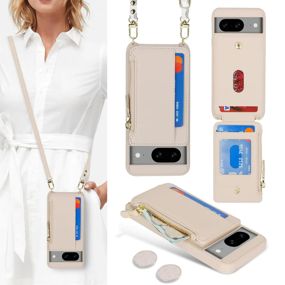 Cavor for Google Pixel 8 Case Wallet,Phone Case for Pixel 8 Crossbody Case with Strap,Pixel 8 Wallet Case for Women,Leather Zipper Pocket Card Holder Case-Cream Mimarta