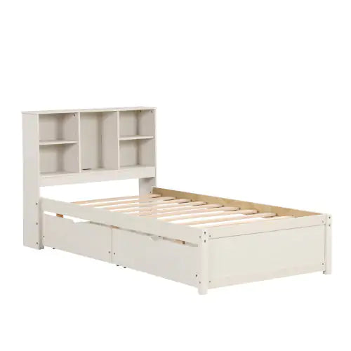 Modern Twin Size Bed Frame With Built-in USB Port On Bookcase Headboard And 2 Drawers For White Washed Color Rieworkes