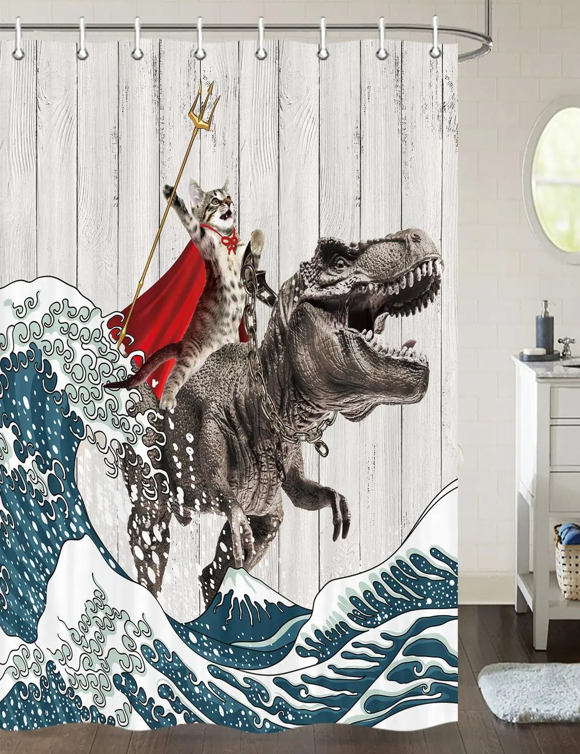 Funny Cat Shower Curtain Cool Cat Dinosaur Japanese Ocean Wave Shower Curtain Cat Riding Dinosaur Fun Shower Curtain Nautical Kids Children Rustic Wooden Farmhouse Shower Curtain 54X72inch Brown Mimarta