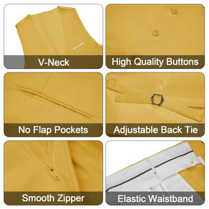 MAGE MALE Men's 3 Pieces Suit Elegant Solid One Button Slim Fit Single Breasted Party Blazer Vest Pants Set Medium Yellow Rieworkes