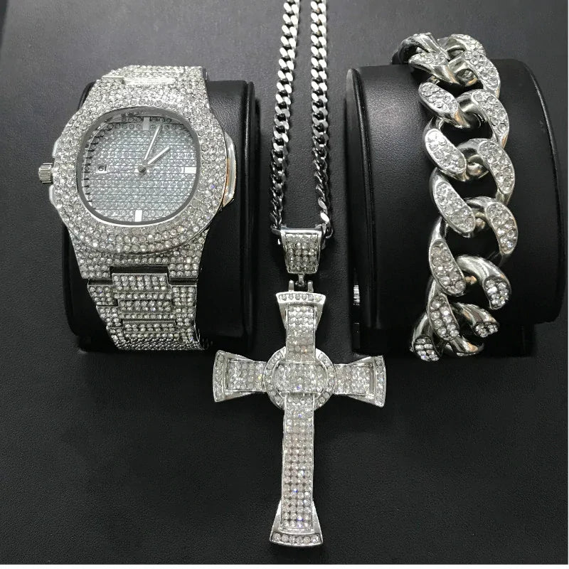 Luxury Hip Hop Diamond Cross Jewelry Combo Set Rieworkes