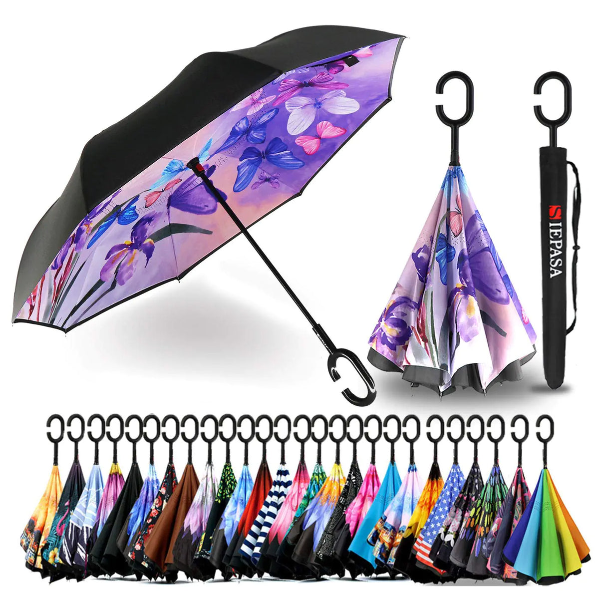 SIEPASA 49/56 Inch Inverted Reverse Upside Down Umbrella, Extra Large Double Canopy Vented Windproof Waterproof Stick Golf Umbrellas with C-shape Handle. Blue Butterfly 49 Inch Rieworkes