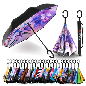 SIEPASA 49/56 Inch Inverted Reverse Upside Down Umbrella, Extra Large Double Canopy Vented Windproof Waterproof Stick Golf Umbrellas with C-shape Handle. Blue Butterfly 49 Inch Rieworkes
