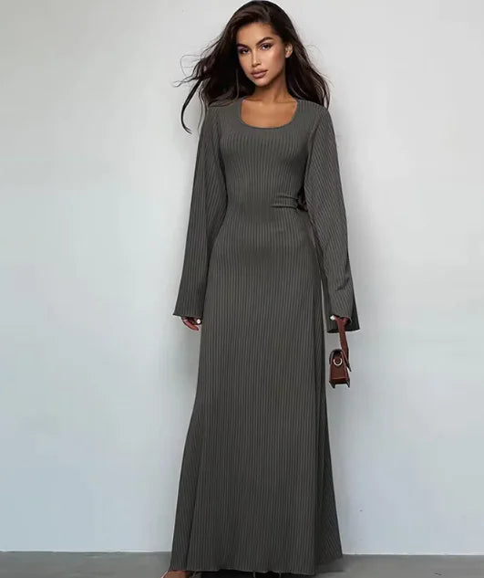 Fashion U-neck Dress Back Lace-up Long Bell Sleeve Dresses Women Rieworkes