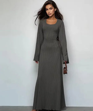 Fashion U-neck Dress Back Lace-up Long Bell Sleeve Dresses Women Rieworkes