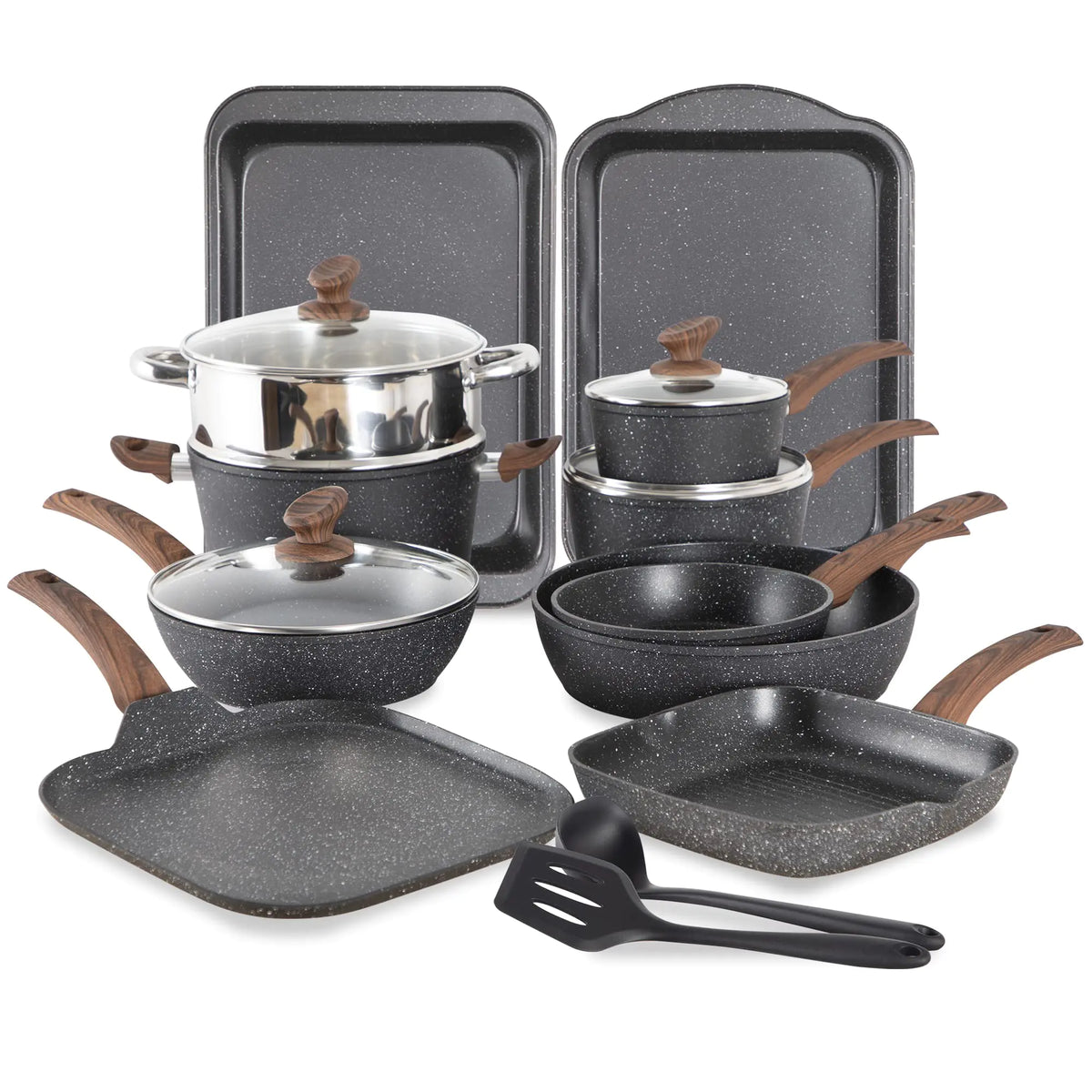 MAISON ARTS 17 Piece Pots and Pans Set Non Stick Kitchen Cookware Sets with Nonstick Granite Stone Coating Suitable for Induction Cooktops Black Mimarta