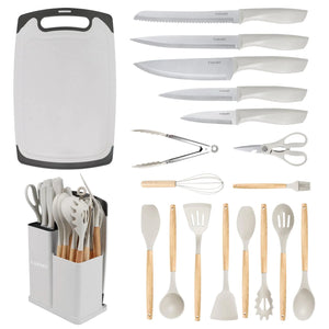 CADABY 19PCS Kitchen Knife Set with Block Professional 5 PCS High Carbon Stainless Steel Cooking Knives Set Knife Block Set with 11 PCS Silicone Kitchen Utensils Set Convenient White Rieworkes