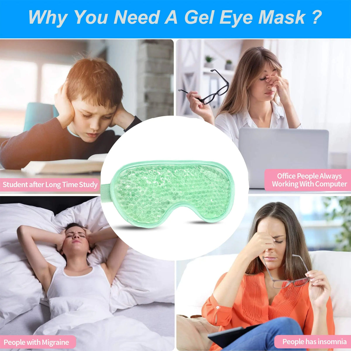2PCS Gel Eye Mask Reusable Hot Cold Therapy Gel Bead Eye Mask for Puffiness /Dark Circles/Eye Bags /Dry Eyes/Headaches/Migraines/Stress Relief, Cooling Eye Mask Hot/Cold Compress Eye Mask (Green) Green Rieworkes