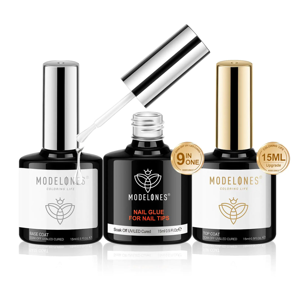 modelones 9 in One Nail Glue with Gel Top and Base Coat Gel Nail Kit, No Wipe Base Coat Long Lasting Glossy Top Coat 3Pcs Gel Nail Glue for Nail Tips, Blooming Gel, Rhinestone Glue A2-3pcs Nail Glue Rieworkes