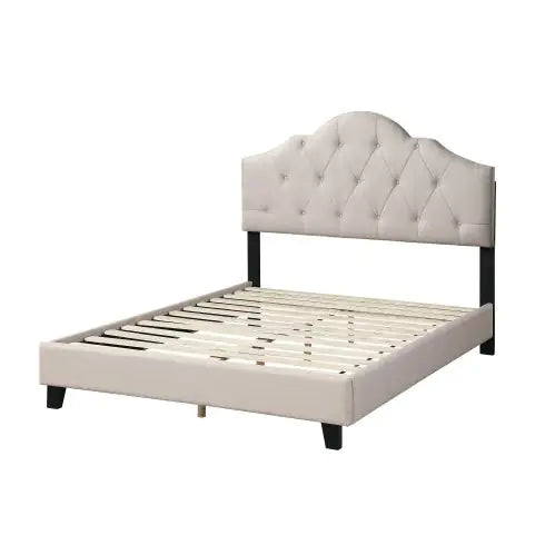 Contemporary 1pc Queen Size Bed Adjustable HB Light Brown Polyfiber Tufted Upholstered Wooden Bedframe Bedroom Furniture Rieworkes