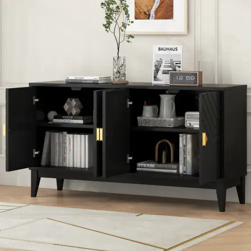 4-door Sideboard Storage Cabinet For Living And Dining Room, Two Large Cabinets With Gold Handle And Adjustable Shelves, Black Rieworkes