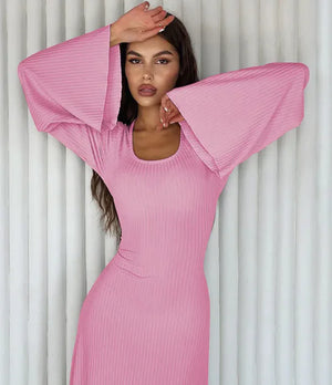 Fashion U-neck Dress Back Lace-up Long Bell Sleeve Dresses Women Rieworkes