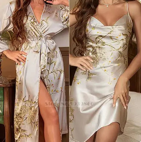 Cherry Print Satin Nightgown & Robe Set Rieworkes