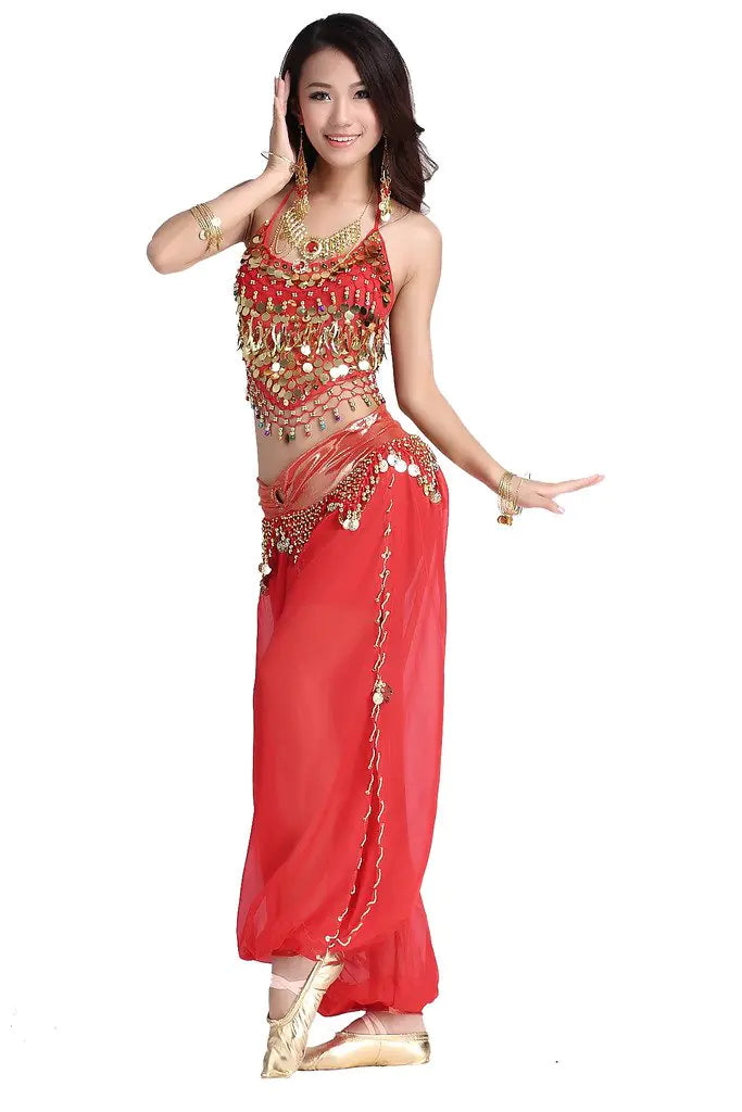 ZLTdream Ladys Belly Dance Chiffon Banadge Top and Lantern Coins Pants Red One Size Mimarta