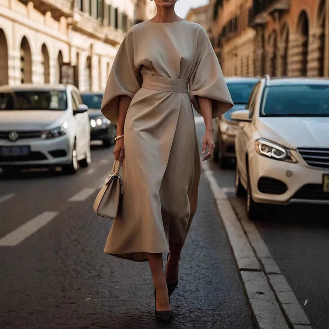 Loose Batwing Sleeve Dress Fashion Waist-tighted Solid Color Elegant Dresses For Women Clothing Mimarta