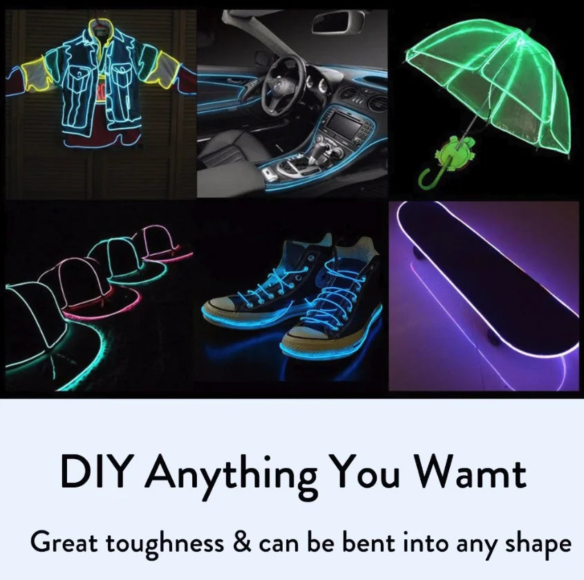 Neon LED Light Glow EL Wire String Strip Rope Tube Decor Car Party + Controller Rieworkes