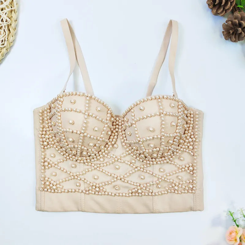 Women's Fashionable Elegant Pearl Spaghetti-strap Camisole Top With Chest Pad Rieworkes
