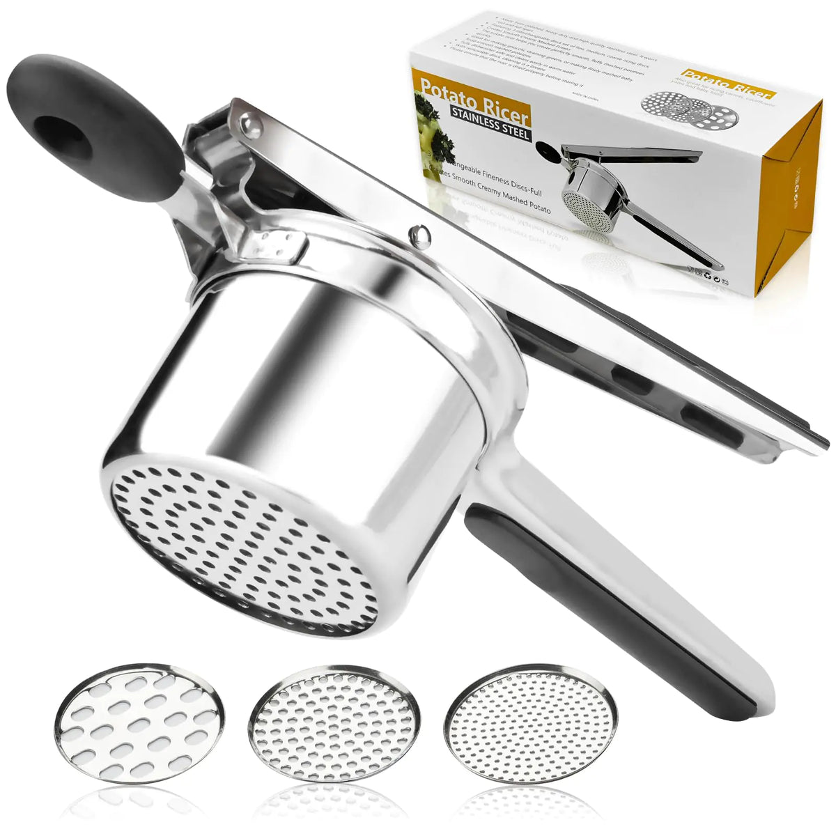 Potato Ricer 3 Interchangeable Discs Heavy Duty Potato Masher and Ricer Kitchen ToolStainless Steel Potato Shredder for Smooth and Fluffy Mashed Potatoes Puree Fruit Juice Rieworkes