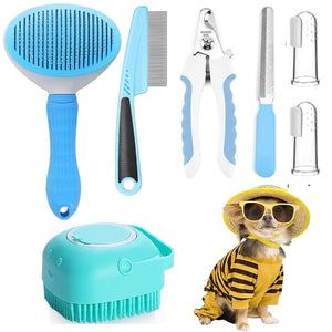 Qubccum 7pcs Pet Grooming Kit Self-Cleaning Brush Shedding Kit with Nail Clipper Flea Comb Shampoo Bath Brush Finger Toothbrush Storage Bag (Blue) Mimarta