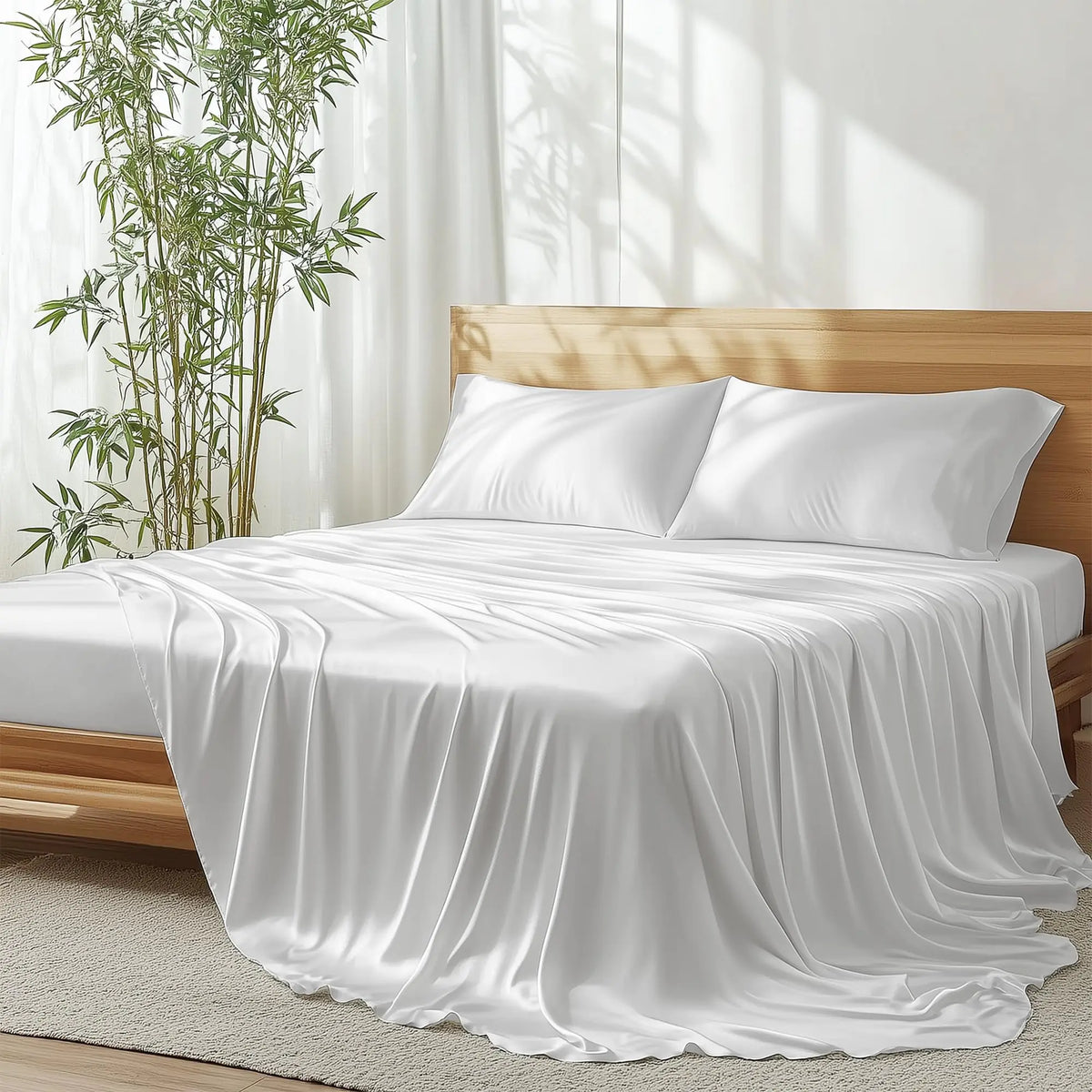 JSELF 100% Organic Viscose from Bamboo Sheets California King Size Set - Ultra Soft & Luxuriously Cooling Sheets for Hot Sleepers 16" Deep Pocket 4-Piece California King Size Bed Sheets Set (White) Rieworkes