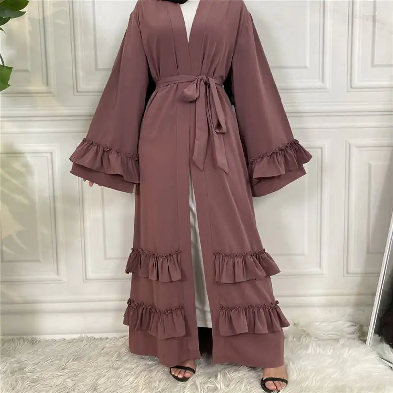 Ruffled Sleeves Lace-Up Dubai Cardigan Robe Mimarta