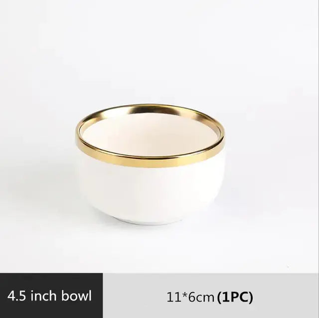 High-quality Matte Gilt Rim White Porcelain Dinner Tray Kitchen Plates Ceramic Tableware Food Dishes Rice Salad Noodles Bowl Rieworkes